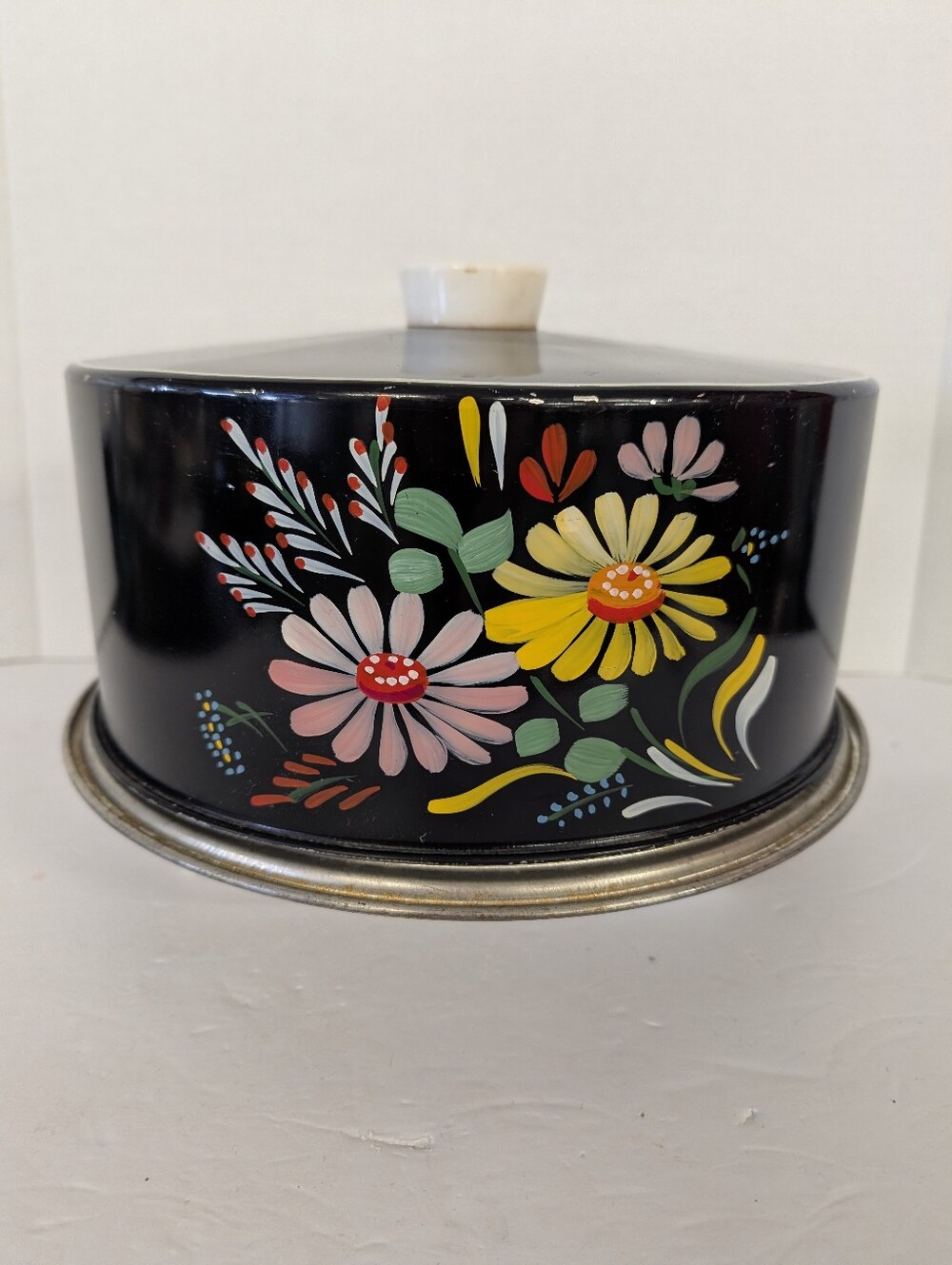 Vintage  Cake Tin 1950s Black with Pink & Yellow Flowers Hand-painted